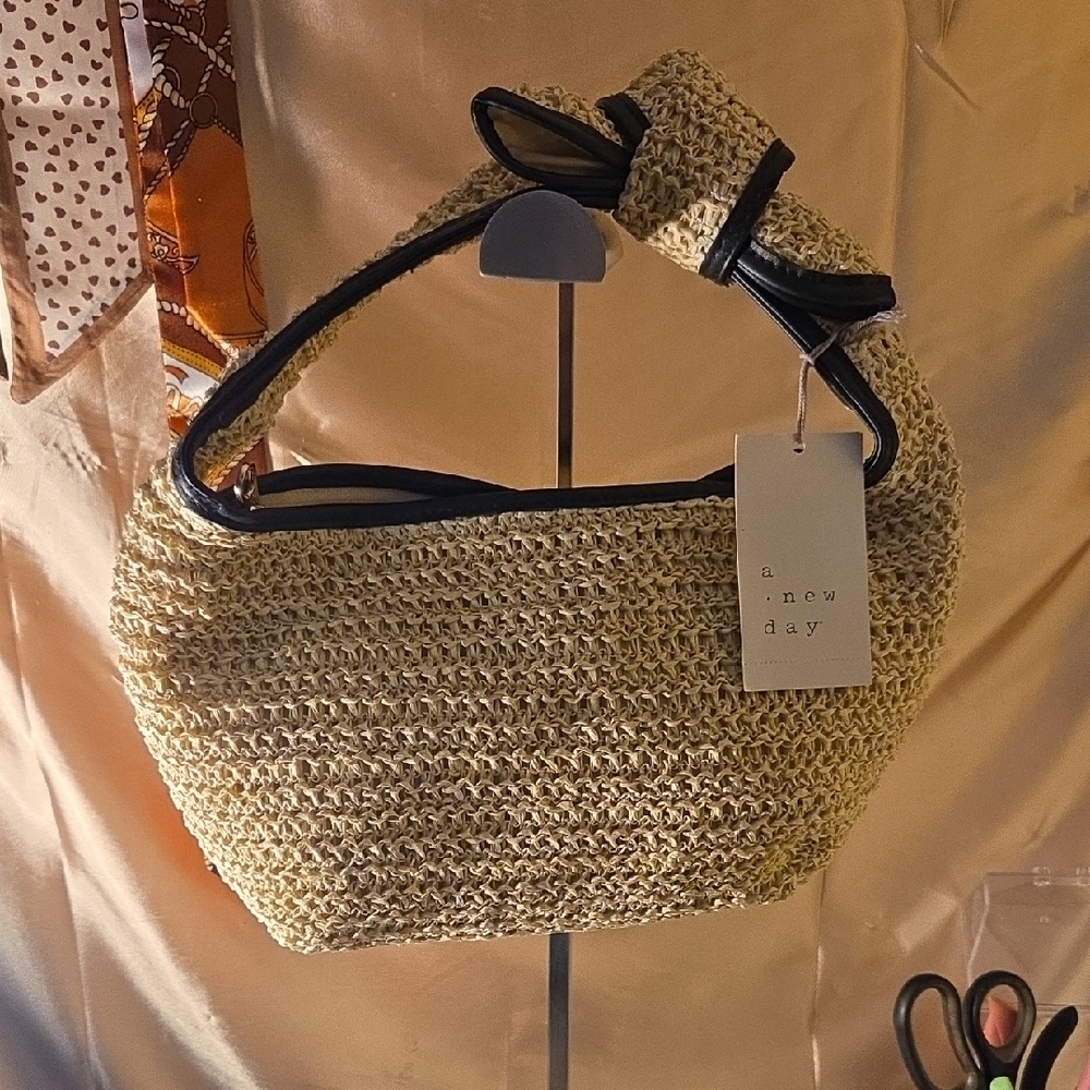 A New Day Beige Woven Shoulder Bag 9x7